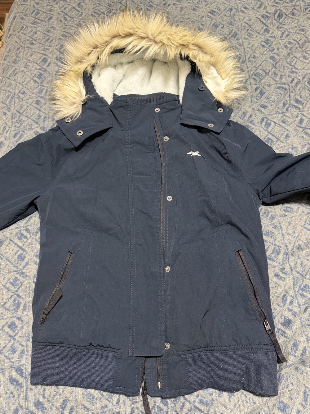 Hollister All-Weather Navy Hooded Parka Jacket with Removable Faux Fur Trim XS